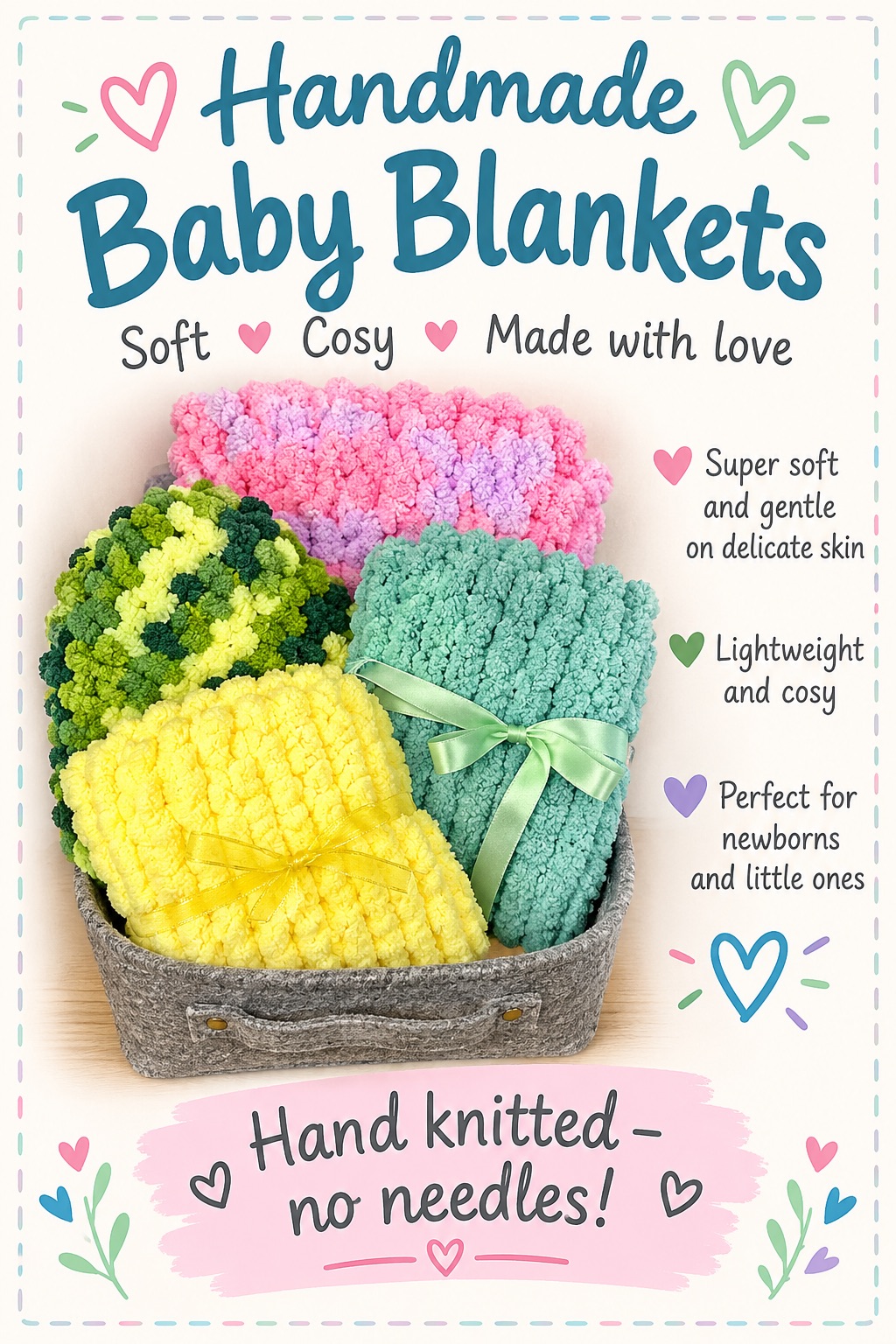 A basket of soft hand-knitted baby blankets in pink, green, yellow and mint