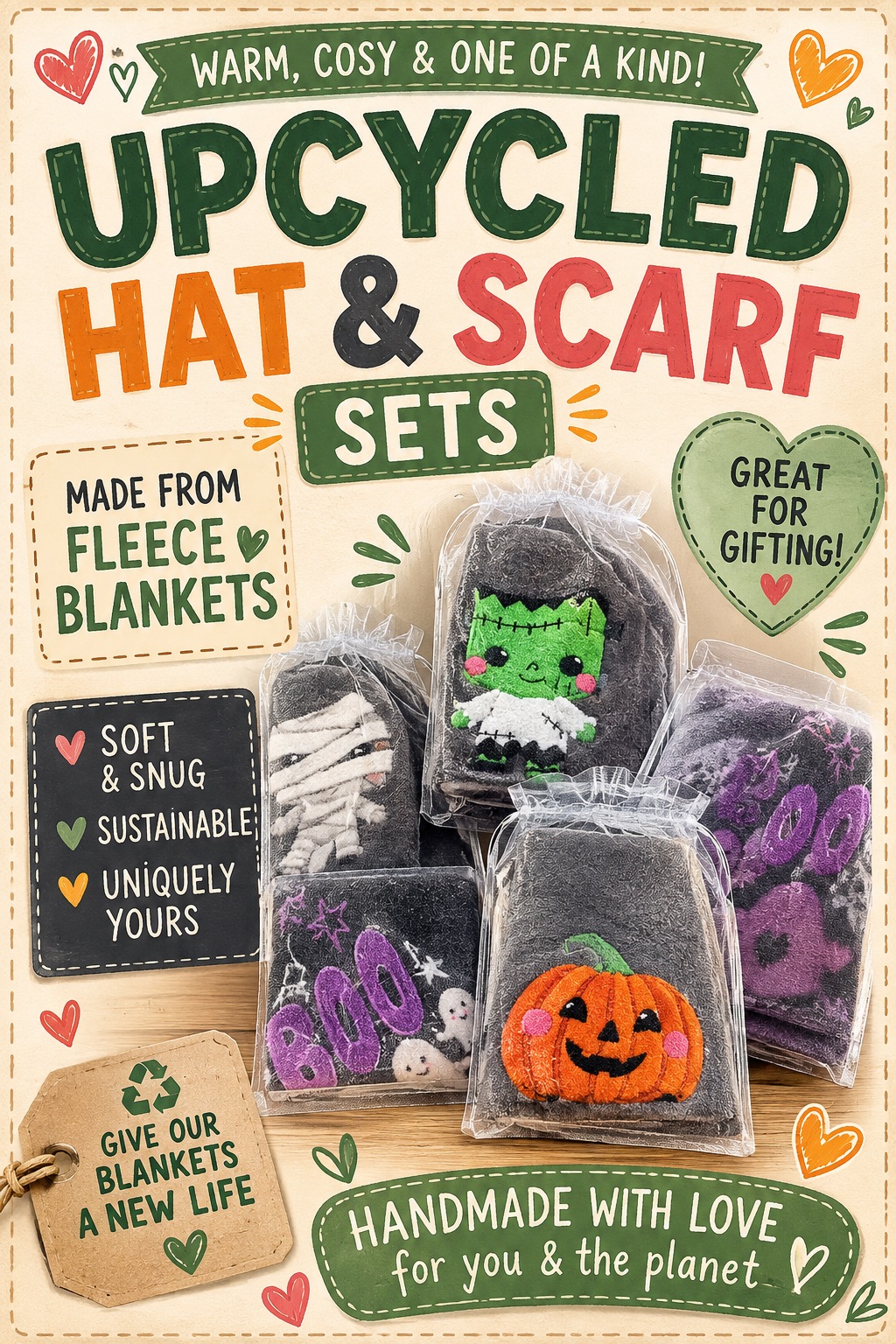 Colourful upcycled fleece hat and scarf sets with Halloween designs